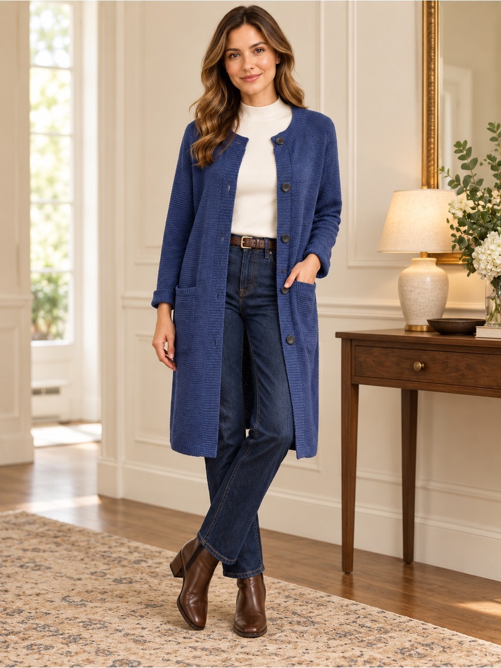 J.Jill Blue Textured Longline Button-Front Cardigan Sweater, Size M Like New Mea